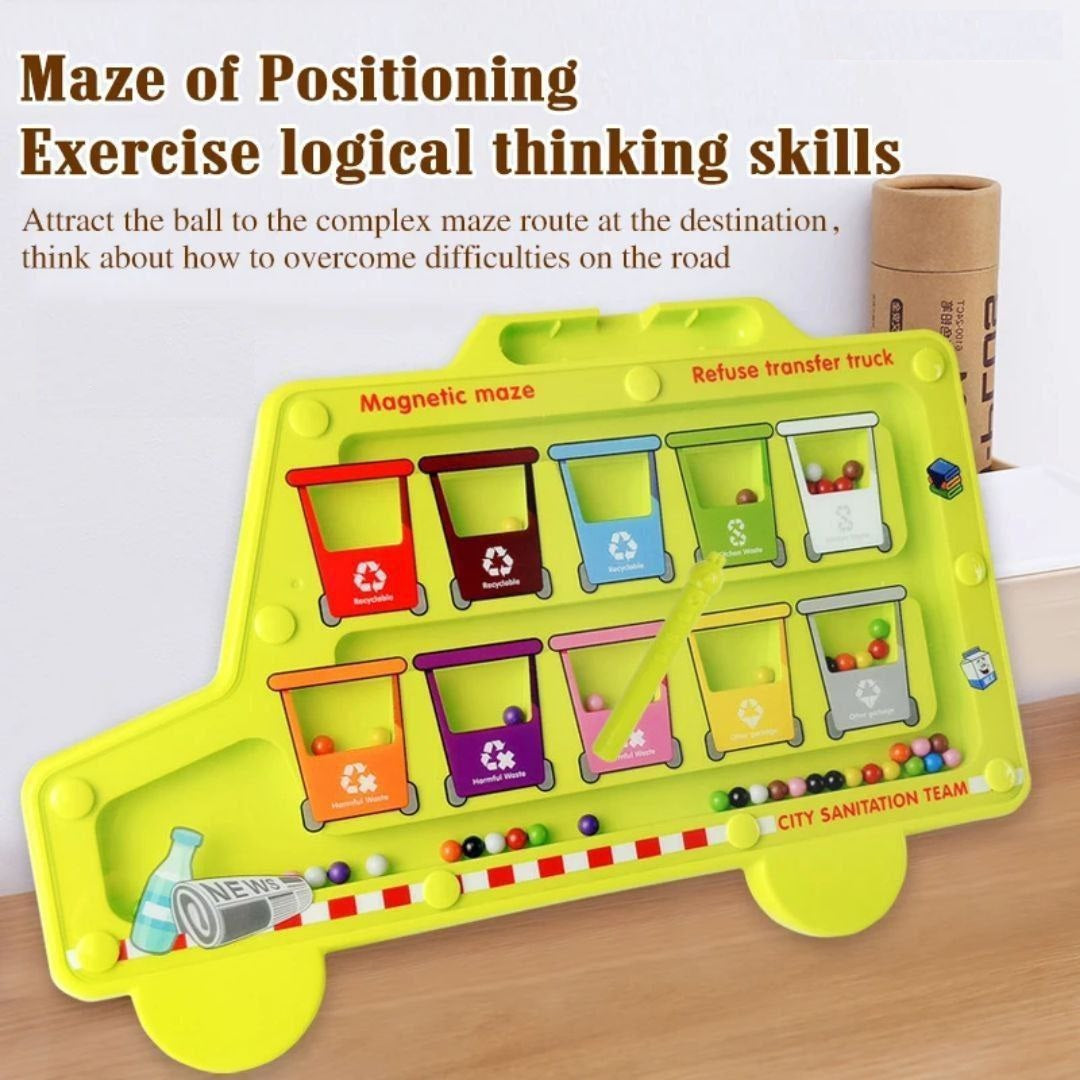 متاهة الخرز المغناطيسي – لعبة شاحنة النظافة لفرز الألوان وإعادة التدوير