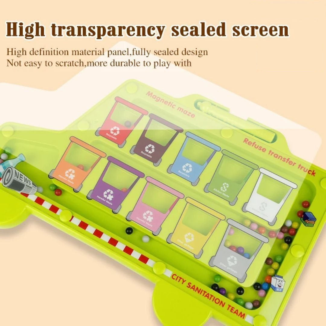 متاهة الخرز المغناطيسي – لعبة شاحنة النظافة لفرز الألوان وإعادة التدوير