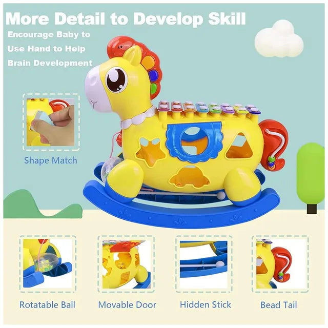 لعبة حصان هزاز للأطفال مع إكسيليفون وأداة فرز الأشكال